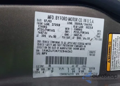 2003 Ford Explorer Nbx/Xlt из США, поврежденный, VIN 1FMZU73K73ZB46263